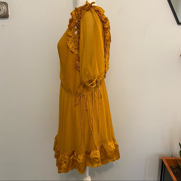 NWOT ASOS Design Mustard Yellow Mini V-Neck Ruffle Dress 12 - Picture 3 of 15